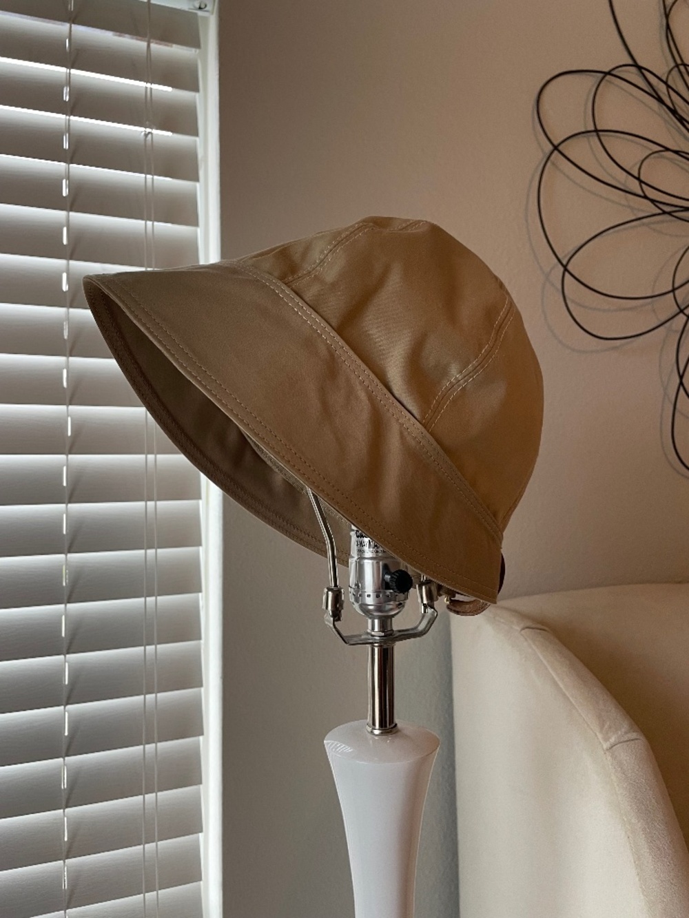 Coach tan Fabric Bucket Hat with Legacy Stripe pattern lining. Size M/L
